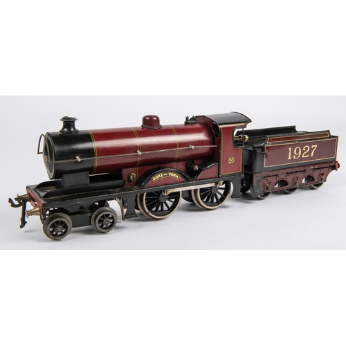 236 - A Bassett Lowke O gauge clockwork Duke of York 4-4-0 tender locomotive. LMS 1927, in lined maroon li... 