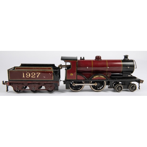 236 - A Bassett Lowke O gauge clockwork Duke of York 4-4-0 tender locomotive. LMS 1927, in lined maroon li... 