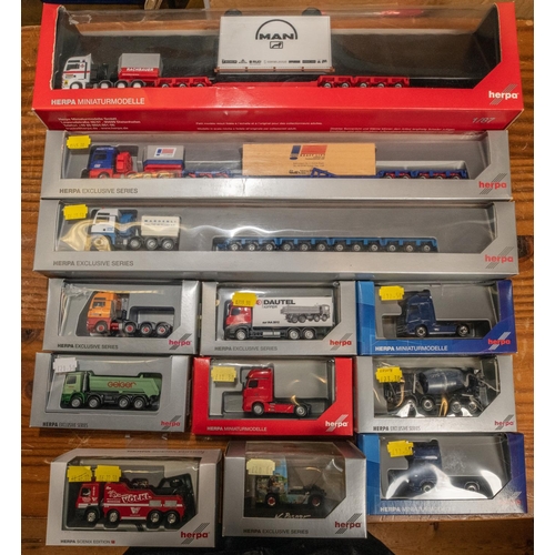 271 - 12 Herpa 1:87 Scale Trucks. Including 3 impressive multi axle vehicles. An MAN TGX XXL SZ, Rachbauer... 