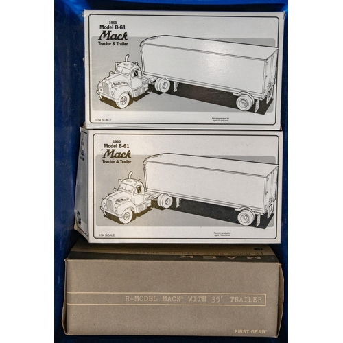 292 - 11 First Gear 1:34 scale American Trucks. 7x 1960 Model B-61 Mack Tractor & Trailer, including Stegm... 