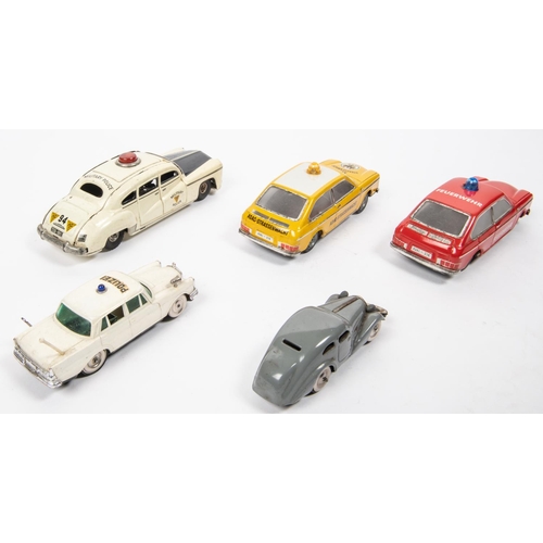 307 - 5 Tinplate Vehicles. A friction powered American style sedan, in Military Police white livery with b... 