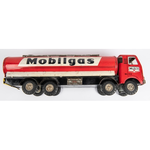 313 - A 1960's Japanese tinplate 8 wheeled Mobilgas tanker by Horikawa. No.159, in  red and white livery, ... 