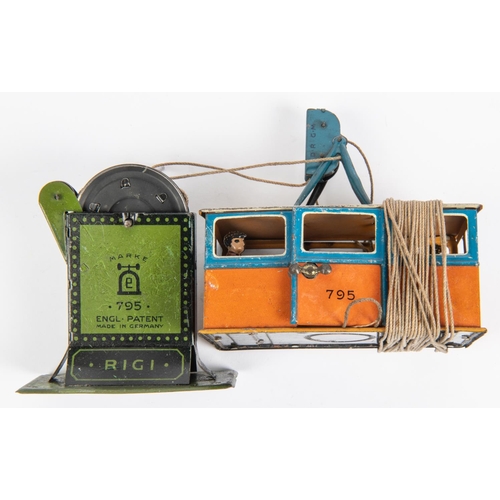 317 - A 1930's Lehmann 'RIGI' Seilbahn 795 tinplate Cable Car Toy. Cable car in orange and blue with a cre... 