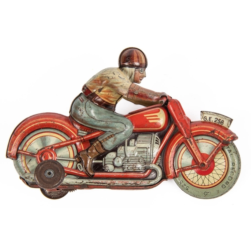 321 - A scarce Technofix tinplate clockwork racing motorcycle and rider. In red, 'G.E.258' registration nu... 