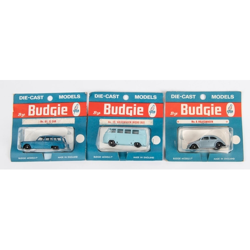 330 - 3x Budgie Toys Miniatures. Volkswagen (No.8) in metallic light blue. Volkswagen Micro Bus (No.12) in... 