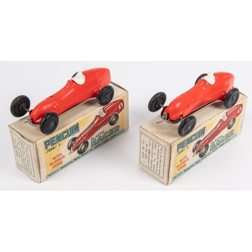 332 - 2x Penguin Series 4 Plastic Racers. Rubber band powered racing cars with tinplate chassis and red pl... 