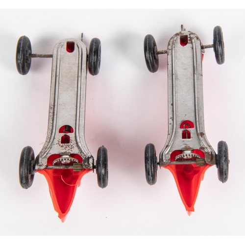 332 - 2x Penguin Series 4 Plastic Racers. Rubber band powered racing cars with tinplate chassis and red pl... 