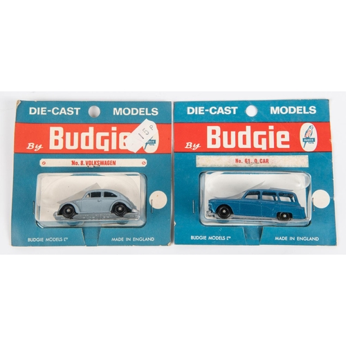 333 - 2x Budgie Toys Miniatures. Volkswagen (No.8) in metallic light blue. Austin A95 'Q Car' (No.61) in m... 