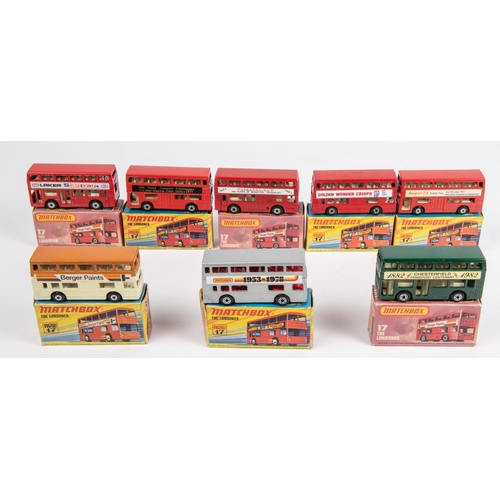 415 - 8 Matchbox Superfast The Londoner Double Deck Buses. Adverts include- Berger Paints, Golden Wonder C... 