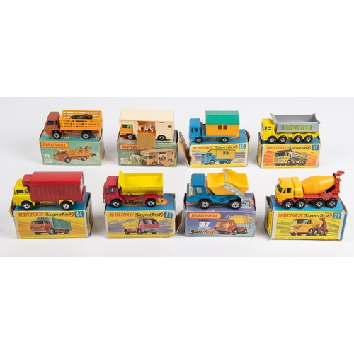 417 - 8 Matchbox Superfast. No.21 Foden Concrete Truck. No.37 Skip Truck. No.40 Bedford Horse Box. No.44 G... 