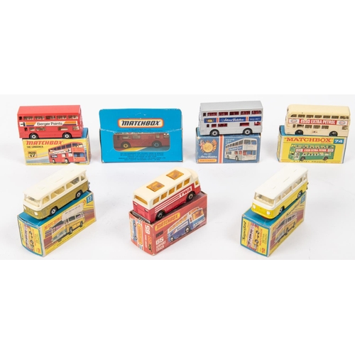 426 - 7 Matchbox Superfast etc Buses and Coaches. 2x No.12 Setra Coach, yellow/white and Metallic gold/whi... 