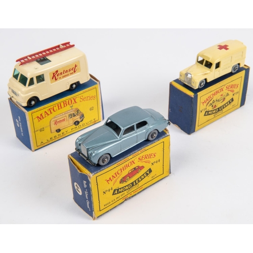 434 - 3 Matchbox Series. No14 Daimler Ambulance. In cream with red cross to roof, with metal wheels. No44 ... 