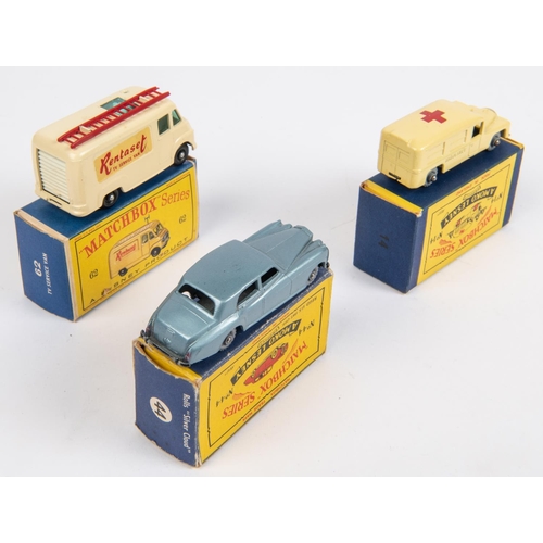 434 - 3 Matchbox Series. No14 Daimler Ambulance. In cream with red cross to roof, with metal wheels. No44 ... 