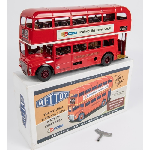 454 - Mettoy Corgi tinplate clockwork London Transport Routemaster bus (MT00101). Destination 8B Old Ford,... 