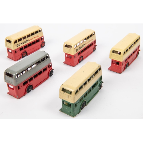 465 - 5 Dinky Toys Double Deck Buses. 3 AEC examples and 2 Leylands with Dunlop advertising. Green & Red e... 