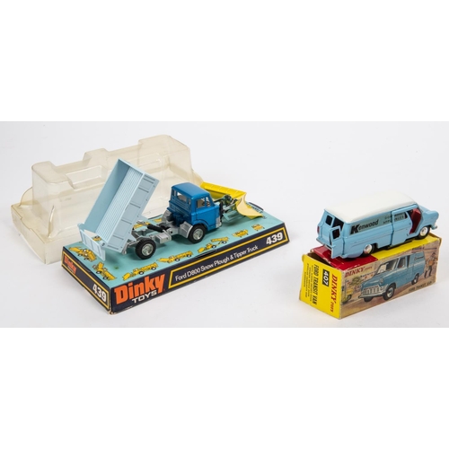 475 - 2 Dinky Toys. Ford Transit Van (407). A Kenwood example in light blue with white roof. Boxed, some w... 