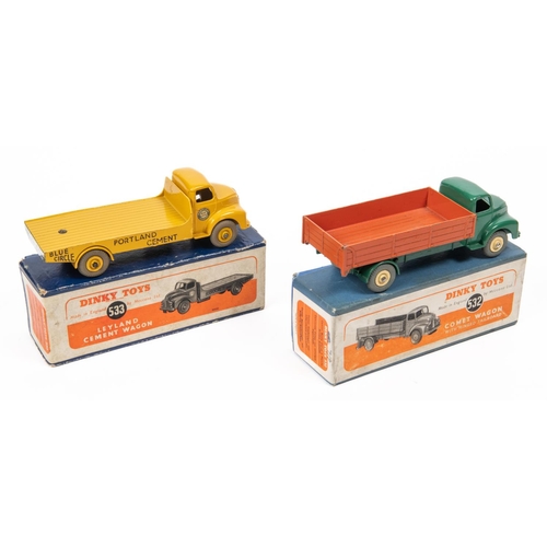 482 - 2 Dinky Supertoys Leyland Comet. A Comet Wagon, with hinged tailboard (532). Dark green cab and chas... 