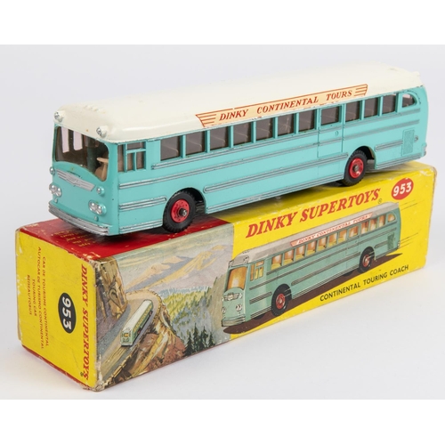 491 - Dinky Supertoys Continental Touring Coach (953). In turquoise with a white roof, fawn interior with ... 