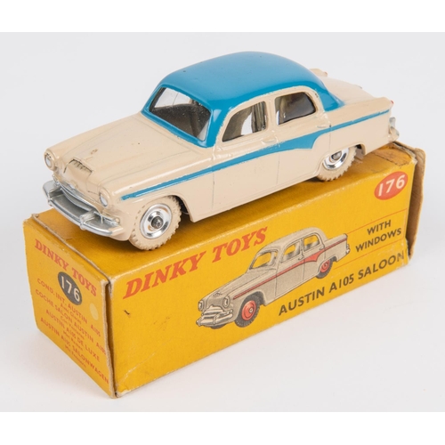 493 - Dinky Toys Austin A105 Westminster (176). A scarce example in cream with mid blue flash and roof, pl... 