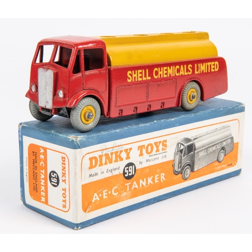 496 - Dinky Toys AEC Monarch Tanker (591). In Shell Chemicals Ltd red and yellow livery, with yellow wheel... 