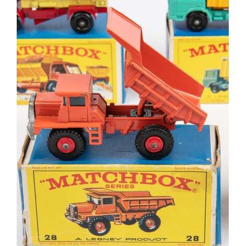 429 - 5 Matchbox Series. No.4 Dodge Stake Truck. No.28 Mack Dump Truck. No.44 GMC Refrigerator Truck. No.4... 