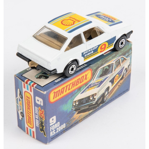 435 - 2 Matchbox Superfast. Both No.9 Ford RS2000, one in white with SHELL/FORD/DUNLOP labels to bodywork,... 