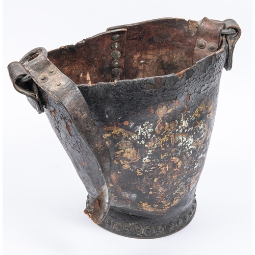 41 - A 19th century leather fire bucket, with traces of later transfer printed coat of arms and leather c... 