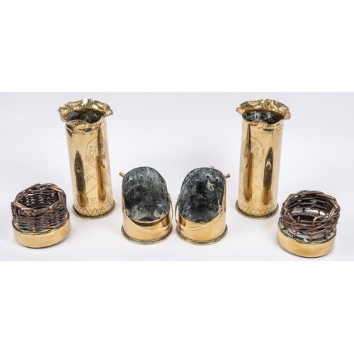 42 - 2 Trench Art coal scuttles, made from 18lb shell cases, dated 1916 and 1917; 2 shell case flower vas... 