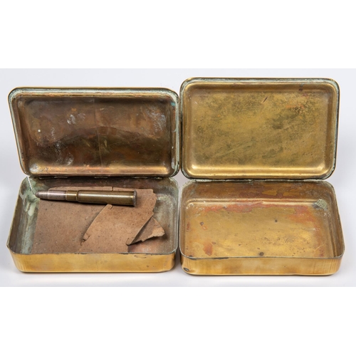 44 - 2 WWI Princess Mary Christmas 1914 brass gift tins, one with bullet pencil. GC (both polished bright... 