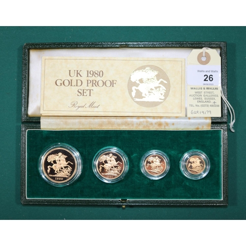 26 - Elizabeth II UK gold proof set of coins 1980, comprising £5, £2, Sovereign and half Sovereign. B. Un... 