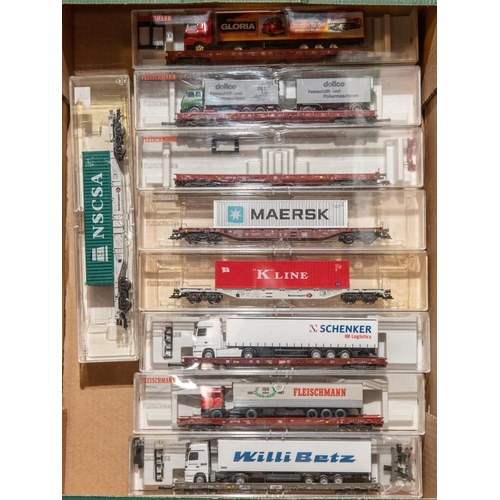 133 - 9 Fleischmann HO gauge High Capacity Flat Wagons. 6 with 4-axle bogies, 5 of which have Herpa Articu... 