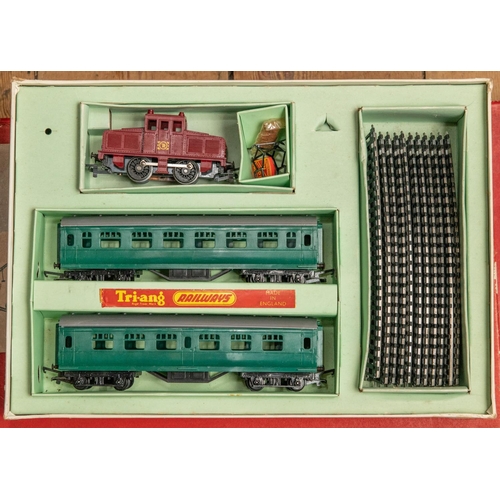 215 - 2x scarce Tri-ang Train Sets and another set. An RPC comprising a steeple cab 0-4-0 diesel locomotiv... 