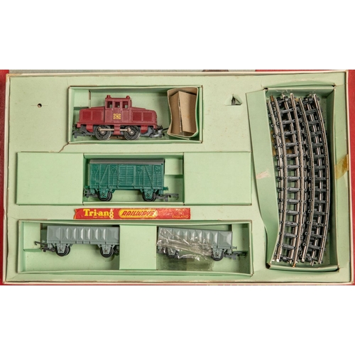 215 - 2x scarce Tri-ang Train Sets and another set. An RPC comprising a steeple cab 0-4-0 diesel locomotiv... 