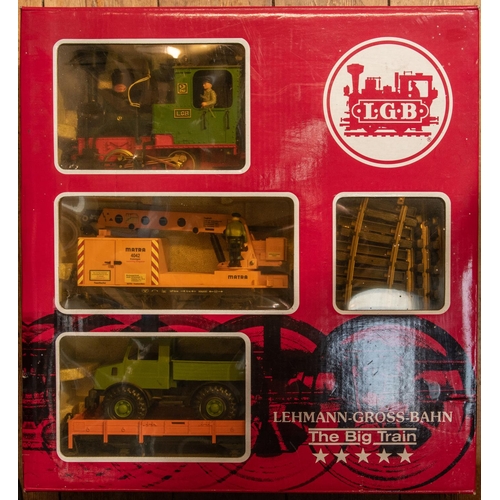 255 - LGB G scale train set (21401) for 45mm gauge track. Comprising; 0-4-0T locomotive, breakdown crane w... 