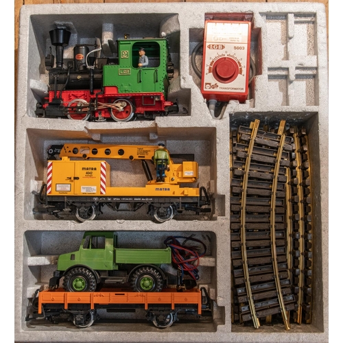 255 - LGB G scale train set (21401) for 45mm gauge track. Comprising; 0-4-0T locomotive, breakdown crane w... 