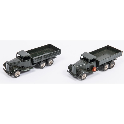 299 - 2x Tri-ang Minic tinplate 66M 6-wheel Army Lorries. A pre-war example with Shell Petrol can to runni... 