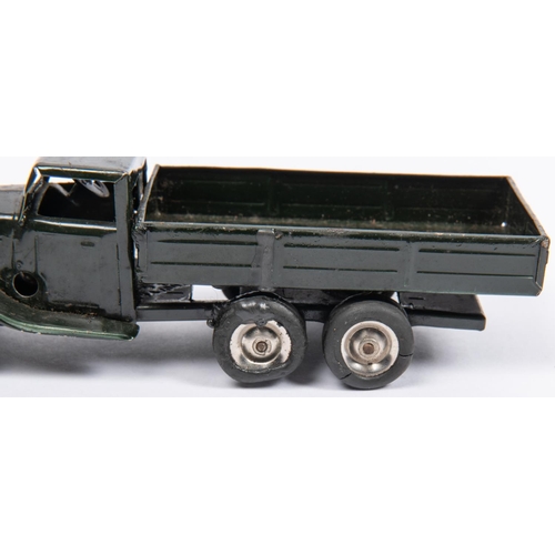 299 - 2x Tri-ang Minic tinplate 66M 6-wheel Army Lorries. A pre-war example with Shell Petrol can to runni... 