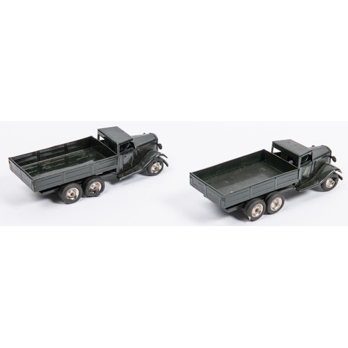 299 - 2x Tri-ang Minic tinplate 66M 6-wheel Army Lorries. A pre-war example with Shell Petrol can to runni... 