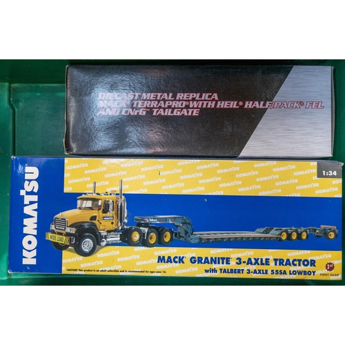 314 - 7 1st Gear plus NZG 1:34/1:50 scale Trucks. 2x Komatsu series. A Mack Granite 3-Axle Tractor with Ta... 