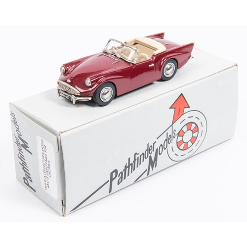 318 - A Pathfinder Model white-metal 1:43 scale 1962 Daimer SP250 Soft-Top (PFM9). In maroon with beige in... 