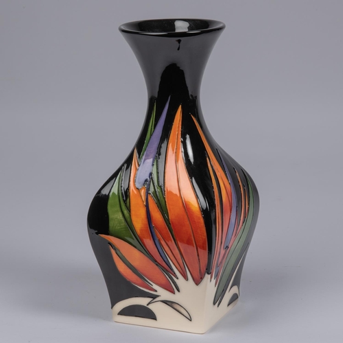 37 - A Moorcroft pottery vase with square body. With Art Deco style leaf forms. Marks to base, JS, AY, an... 