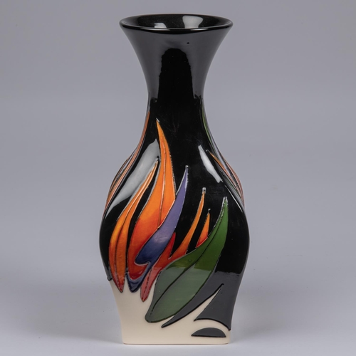 37 - A Moorcroft pottery vase with square body. With Art Deco style leaf forms. Marks to base, JS, AY, an... 