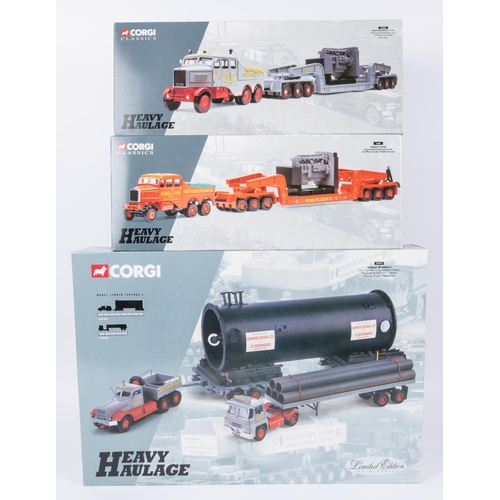 372 - 3 Corgi Heavy Haulage Sets. Sunter Brothers (31014). Guy Invincible Long Platform Trailer, Pipe Load... 