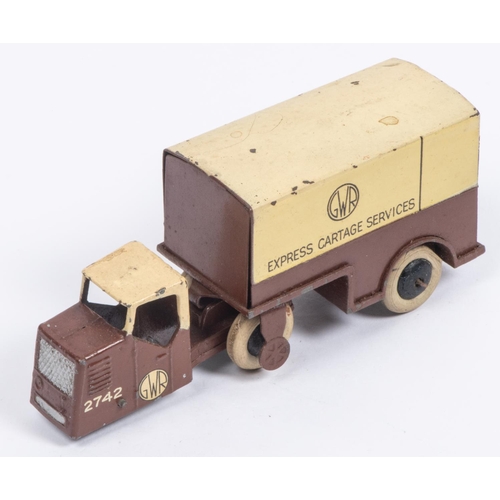 396 - A Dinky Toys 33r Railway Mechanical Horse and Trailer in GWR chocolate and cream livery, EXPRESS CAR... 