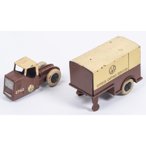 396 - A Dinky Toys 33r Railway Mechanical Horse and Trailer in GWR chocolate and cream livery, EXPRESS CAR... 