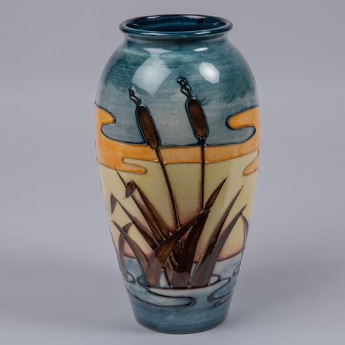 5 - Moorcroft pottery vase. Bull rushes and setting sun design. Marks to base. H.250mm VGC. £30-50