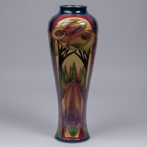 66 - A Moorcroft pottery tall vase. A scene with trees in muted Art Nouveau colours by Rachel Bishop. Mar... 