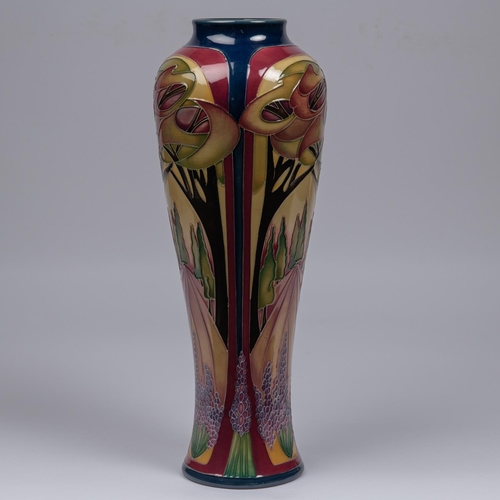 66 - A Moorcroft pottery tall vase. A scene with trees in muted Art Nouveau colours by Rachel Bishop. Mar... 