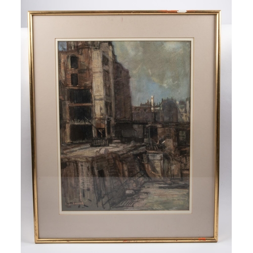 90 - A pastel on paper drawing by Leonard Richmond. Showing bomb damage in London during WWII. Signed to ... 