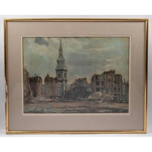 93 - A pastel on paper drawing by Leonard Richmond. Entitled St. Mary le Bow on a label on the back. Sign... 